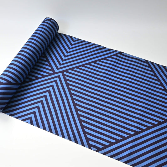 Vintage traditional Japanese men's yukata cotton fabric with bold geometric stripe pattern in bright blue and navy.