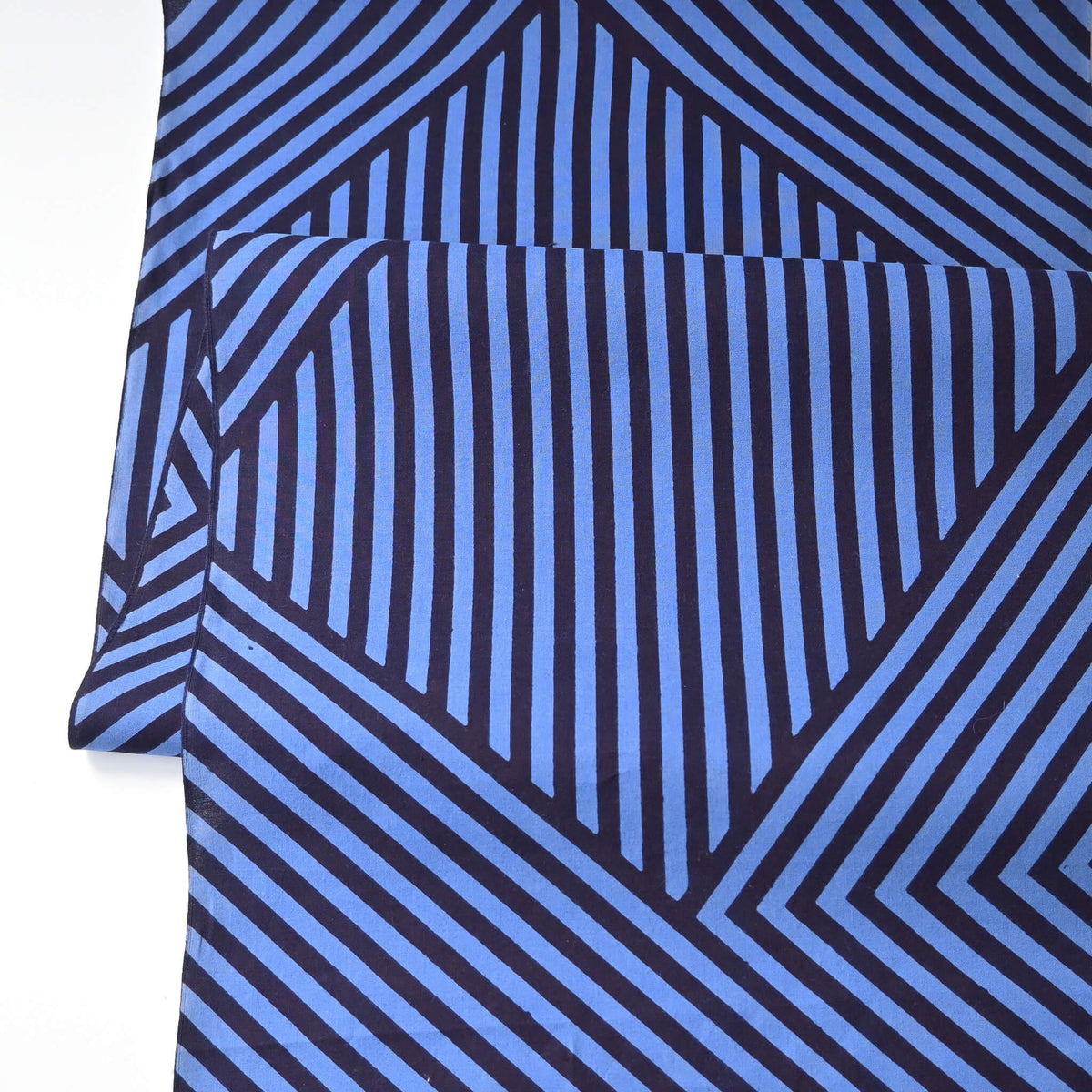 Vintage traditional Japanese men's yukata cotton fabric with bold geometric stripe pattern in bright blue and navy.