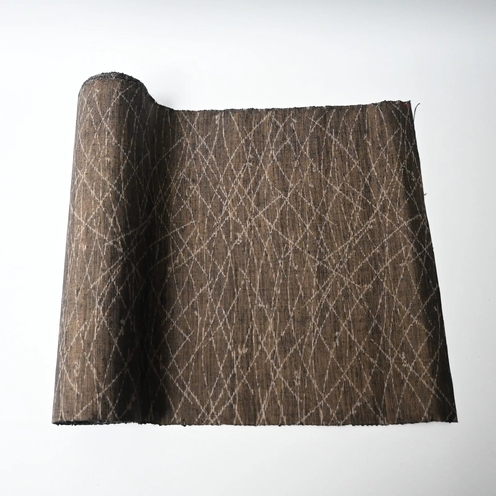 Vintage Yuki tsumugi silk kimono fabric in brown and khaki-green tone with autumn grasses motif.