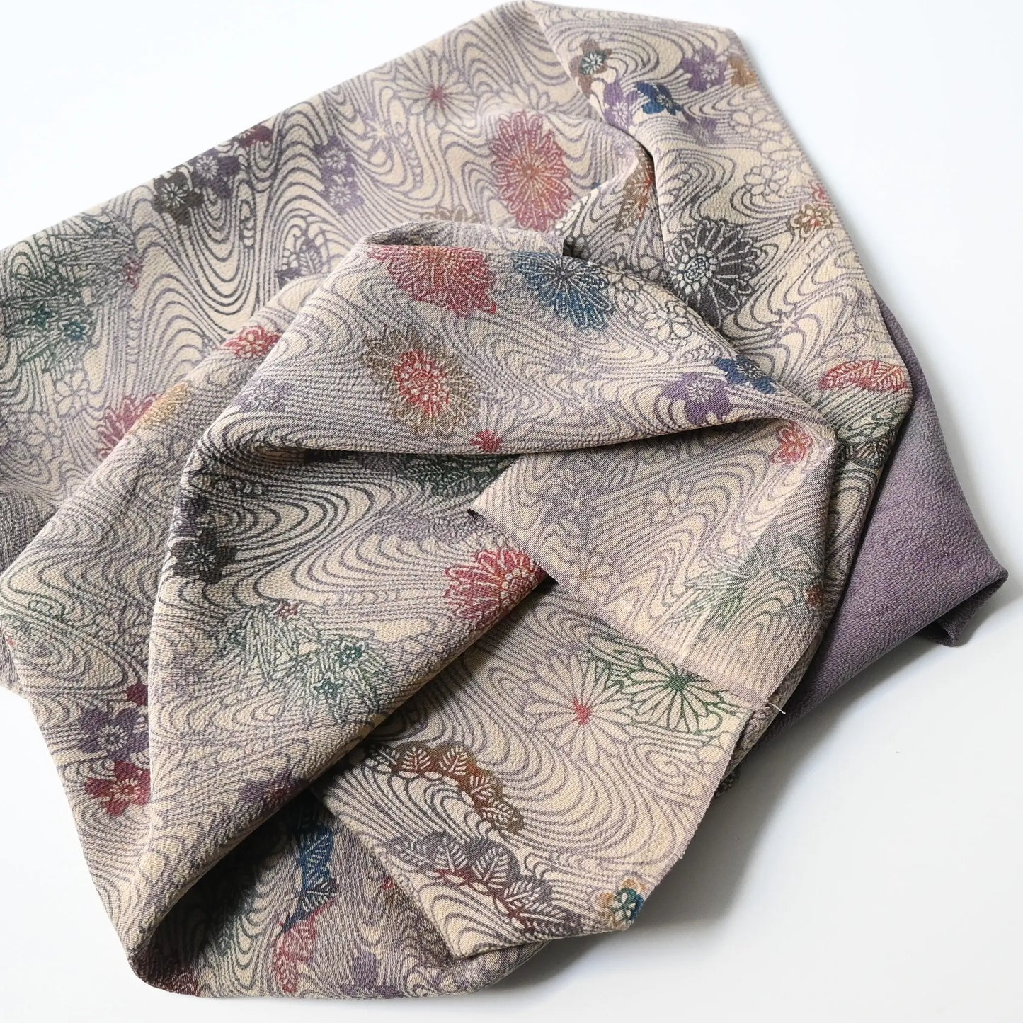 Vintage Japanese Chirimen silk crepe kimono fabric piece in muted mauve tones with floral motif, works well as a scarf.