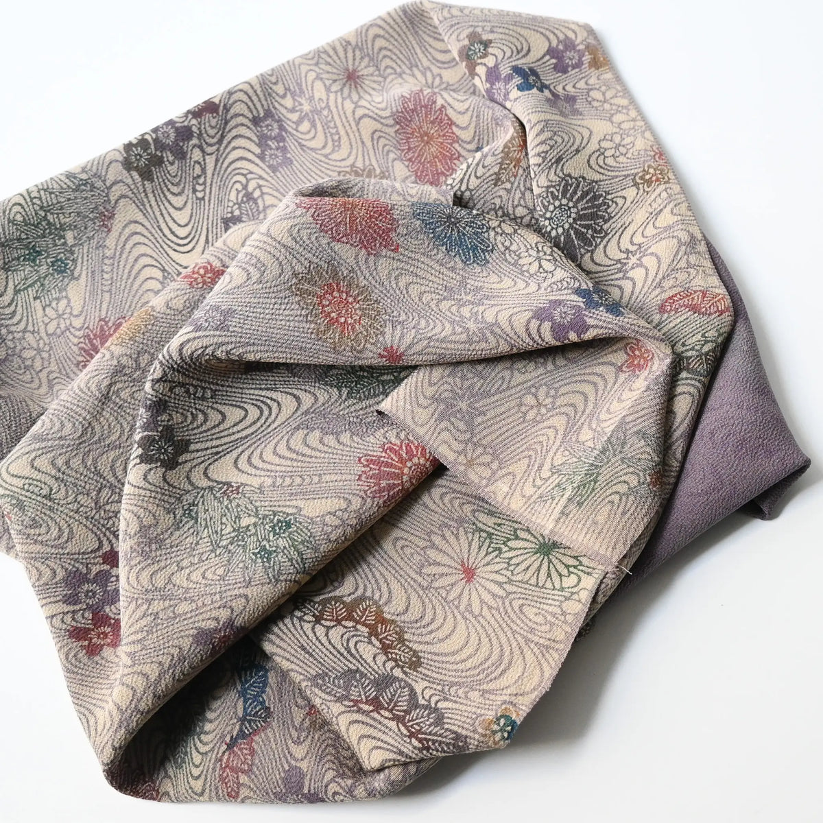 Vintage Japanese Chirimen silk crepe kimono fabric piece in muted mauve tones with floral motif, works well as a scarf.