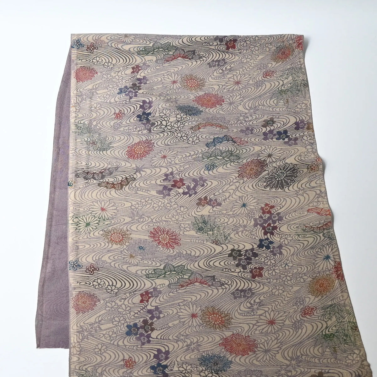 Vintage Japanese Chirimen silk crepe kimono fabric piece in muted mauve tones with floral motif.