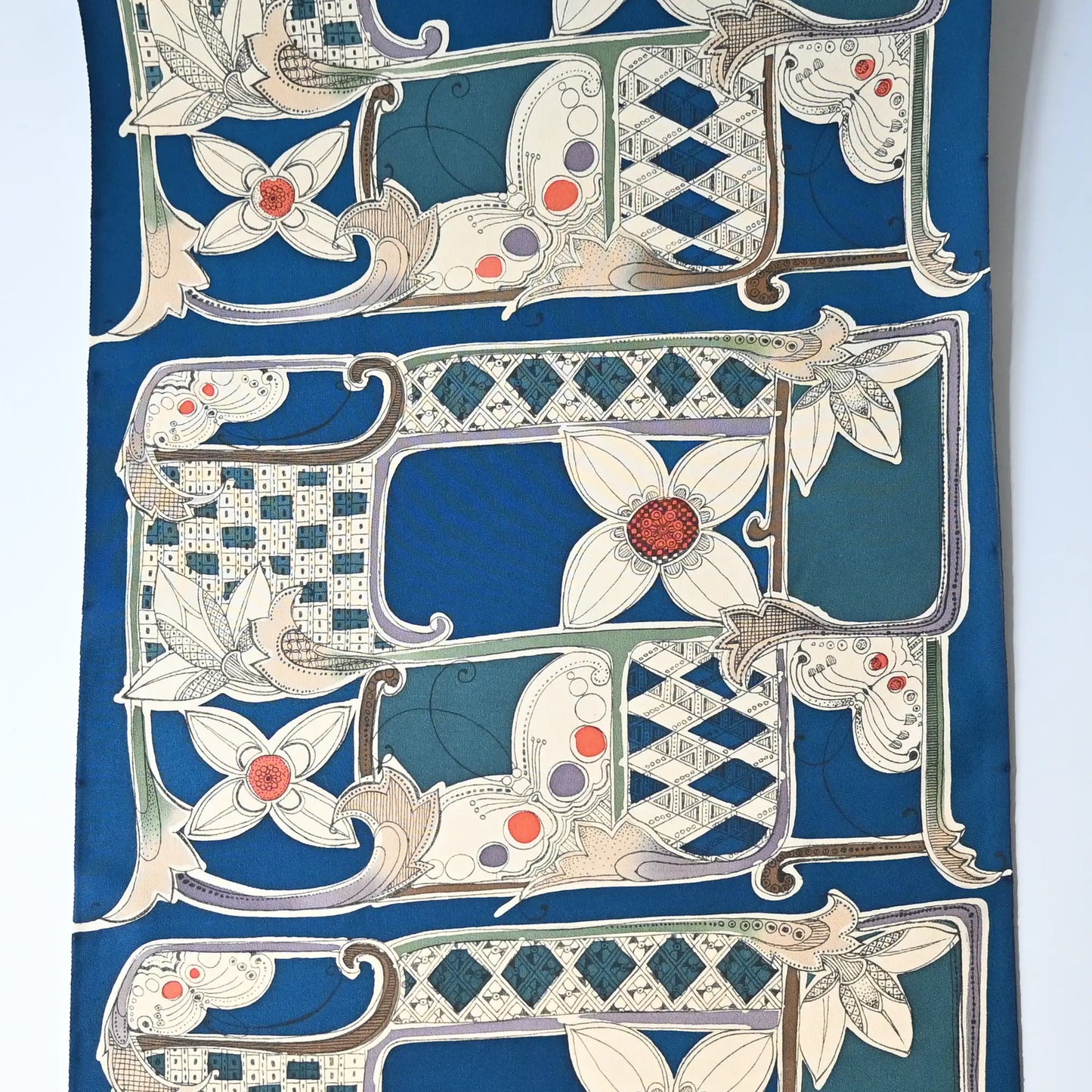 Rare vintage deep blue silk kimono fabric with modern European-inspired design.