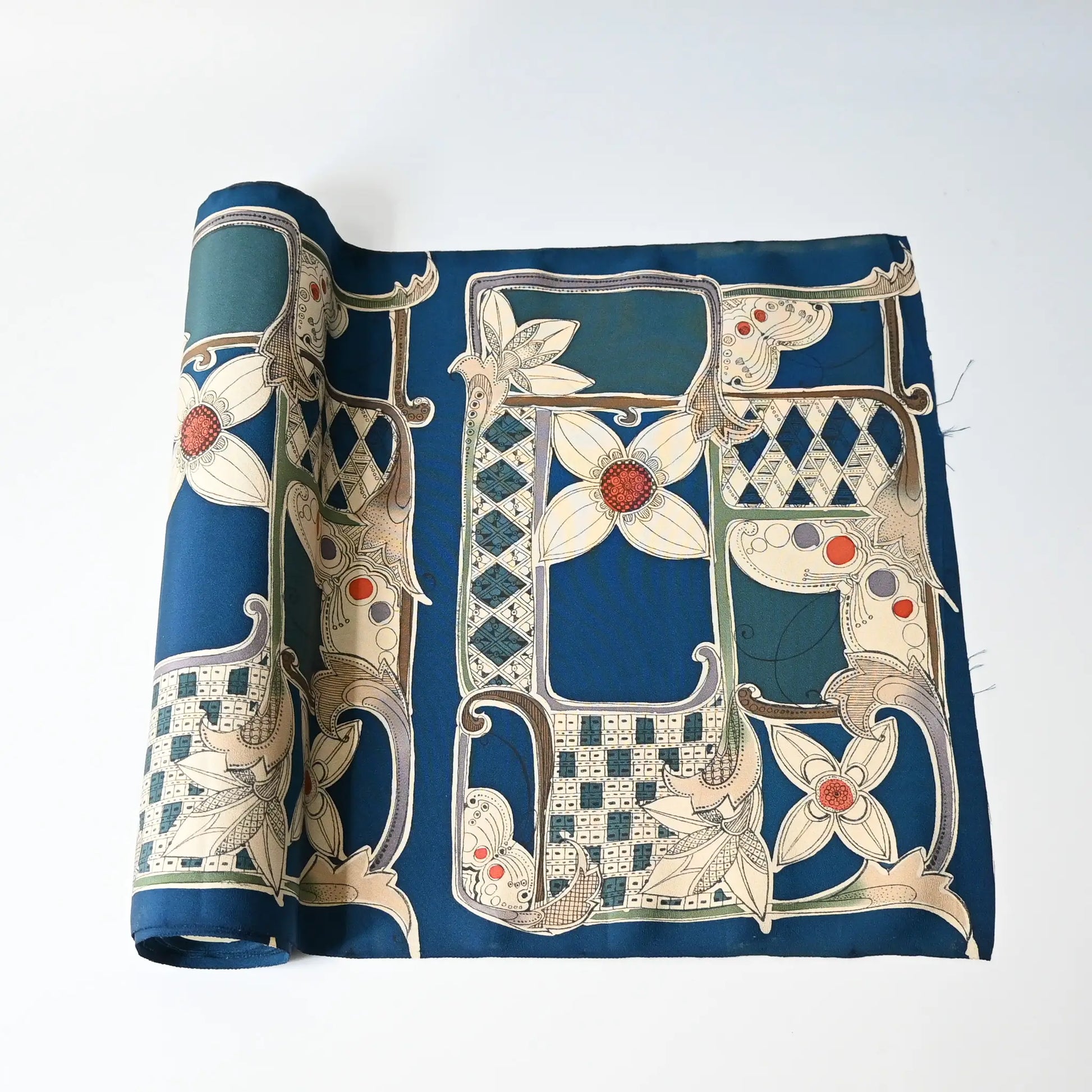 Rare vintage deep blue silk kimono fabric with modern European-inspired design.