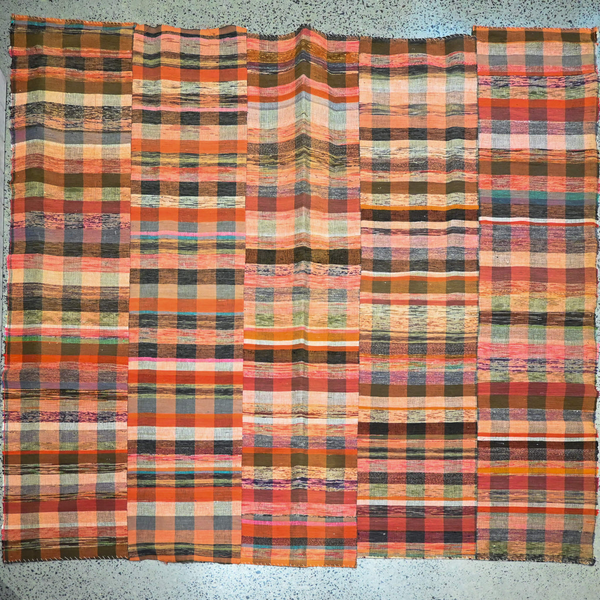 Full view of vintage Japanese five-panel Sakiori rag-weaving textile made from recycled old kimono and futon fabrics. 