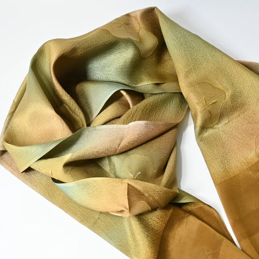 Recycled green silk obiage with gold plum blossom.