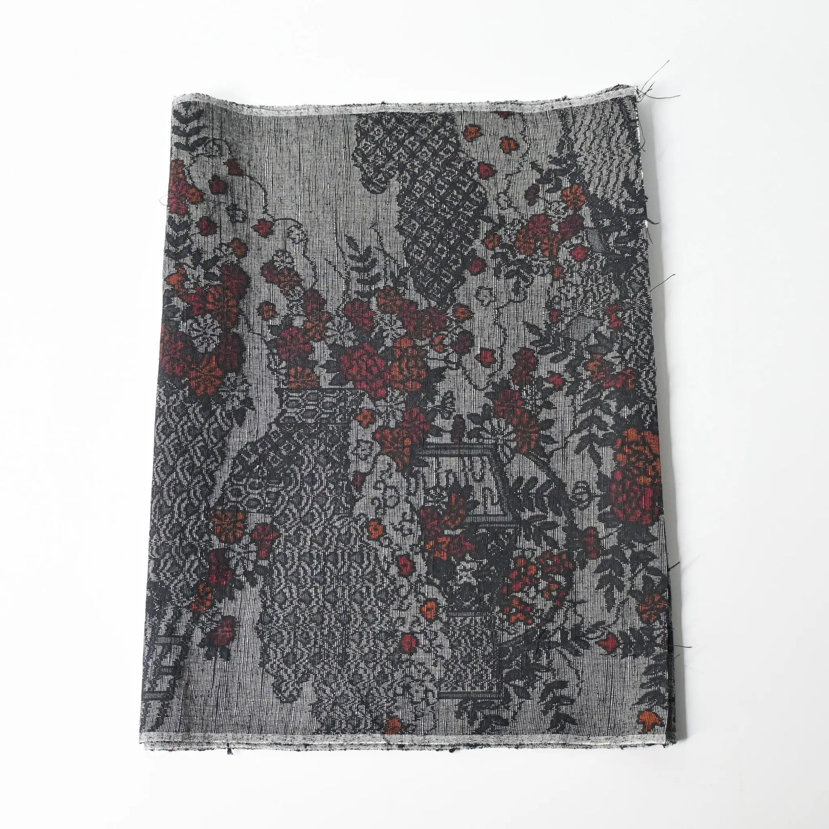 Vintage grey tsumugi silk kimono fabric, garden with flower design.