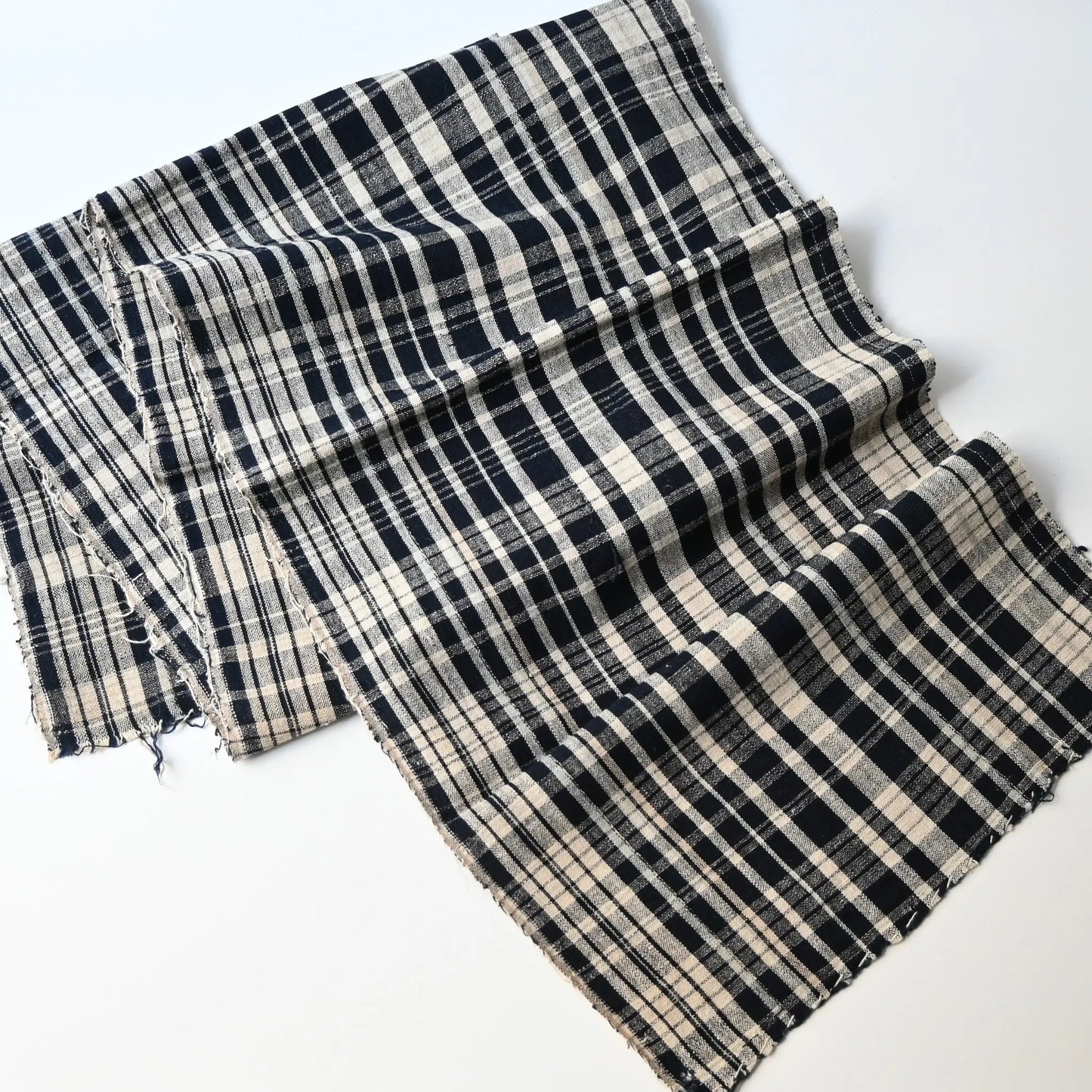 Full view of vintage Japanese indigo hand-loomed check cotton.