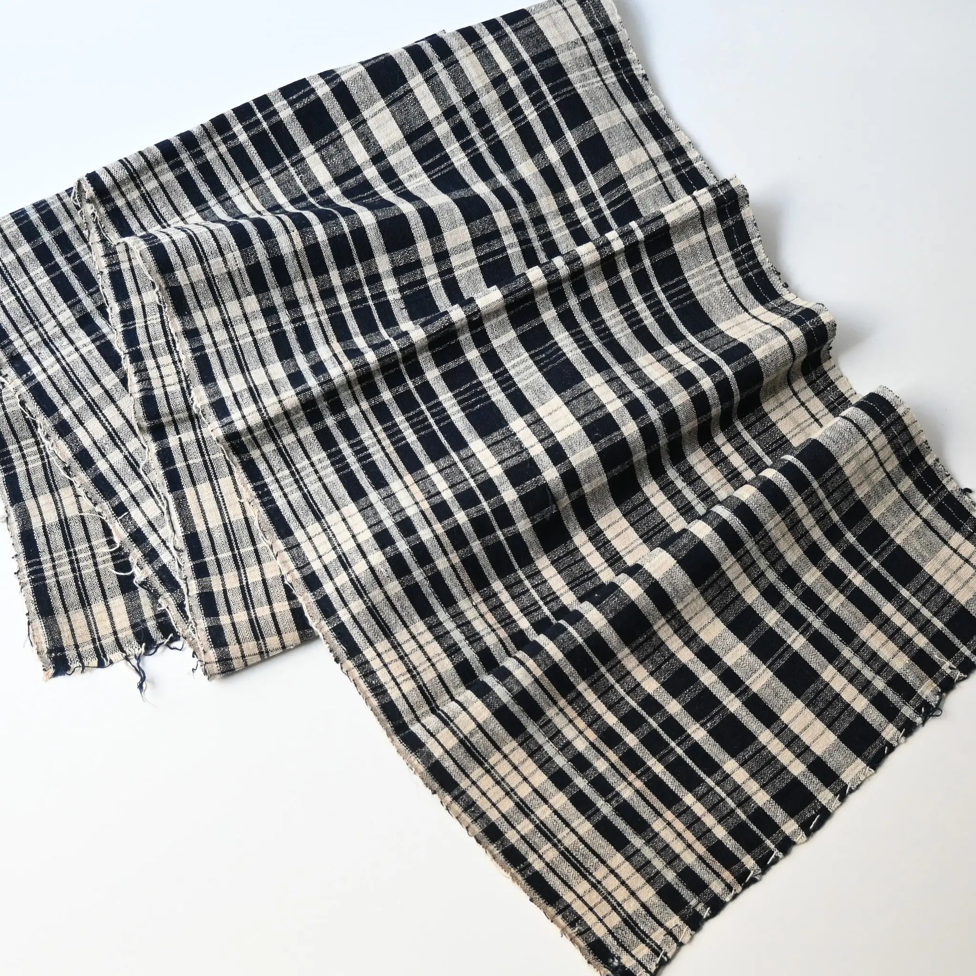 Full view of vintage Japanese indigo hand-loomed check cotton.