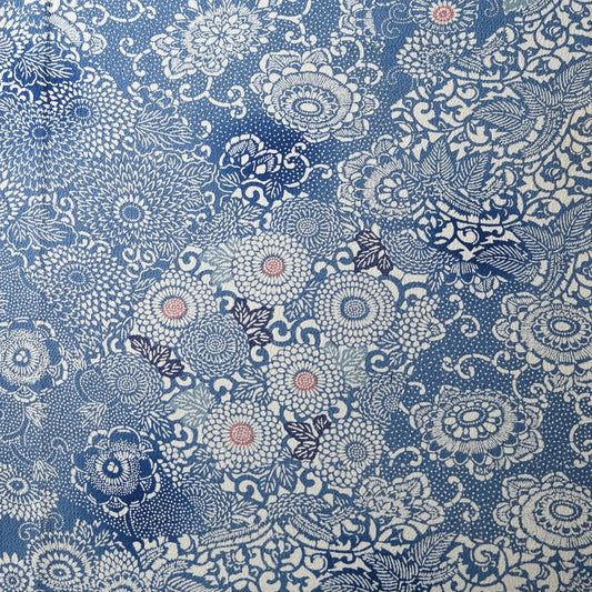 Vintage heavy silk crepe chirimen kimono fabric, katazome dyed chrysanthemum in soft blue.