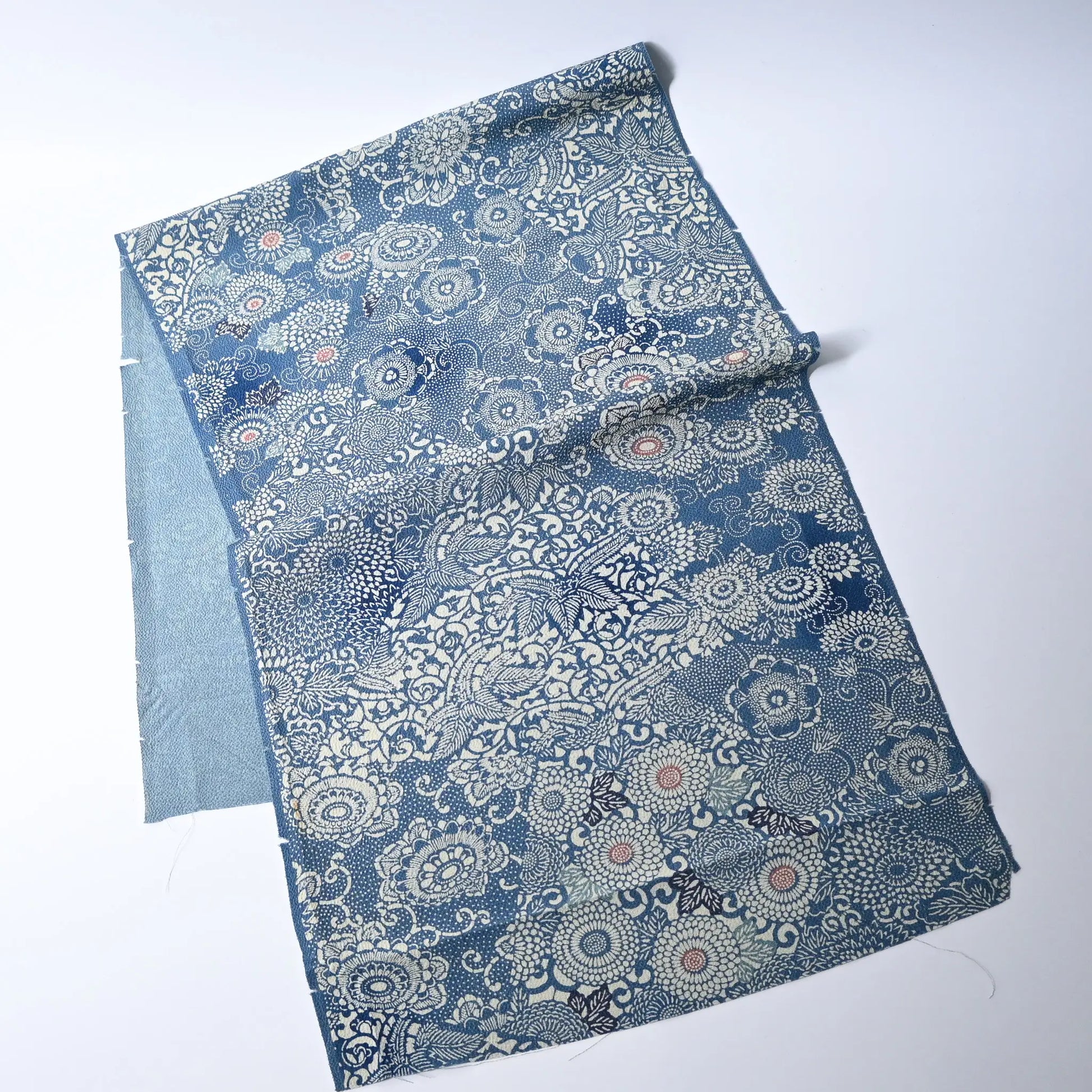 Vintage heavy silk crepe chirimen kimono fabric, katazome dyed chrysanthemum in soft blue.