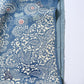 Vintage heavy silk crepe chirimen kimono fabric, katazome dyed chrysanthemum in soft blue has small cuts on selvedge.