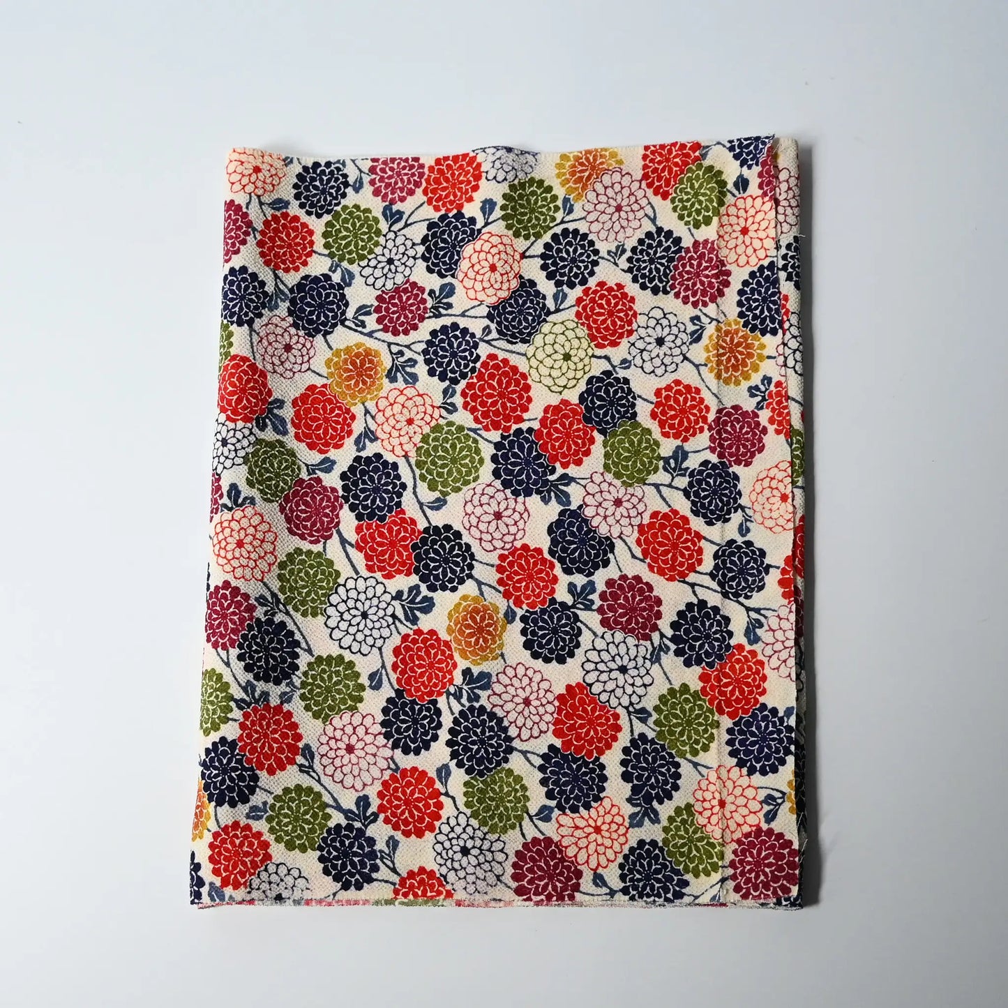 Vintage heavy silk crepe, Chirimen, kimono fabric piece with multicolour chrysanthemum motif.