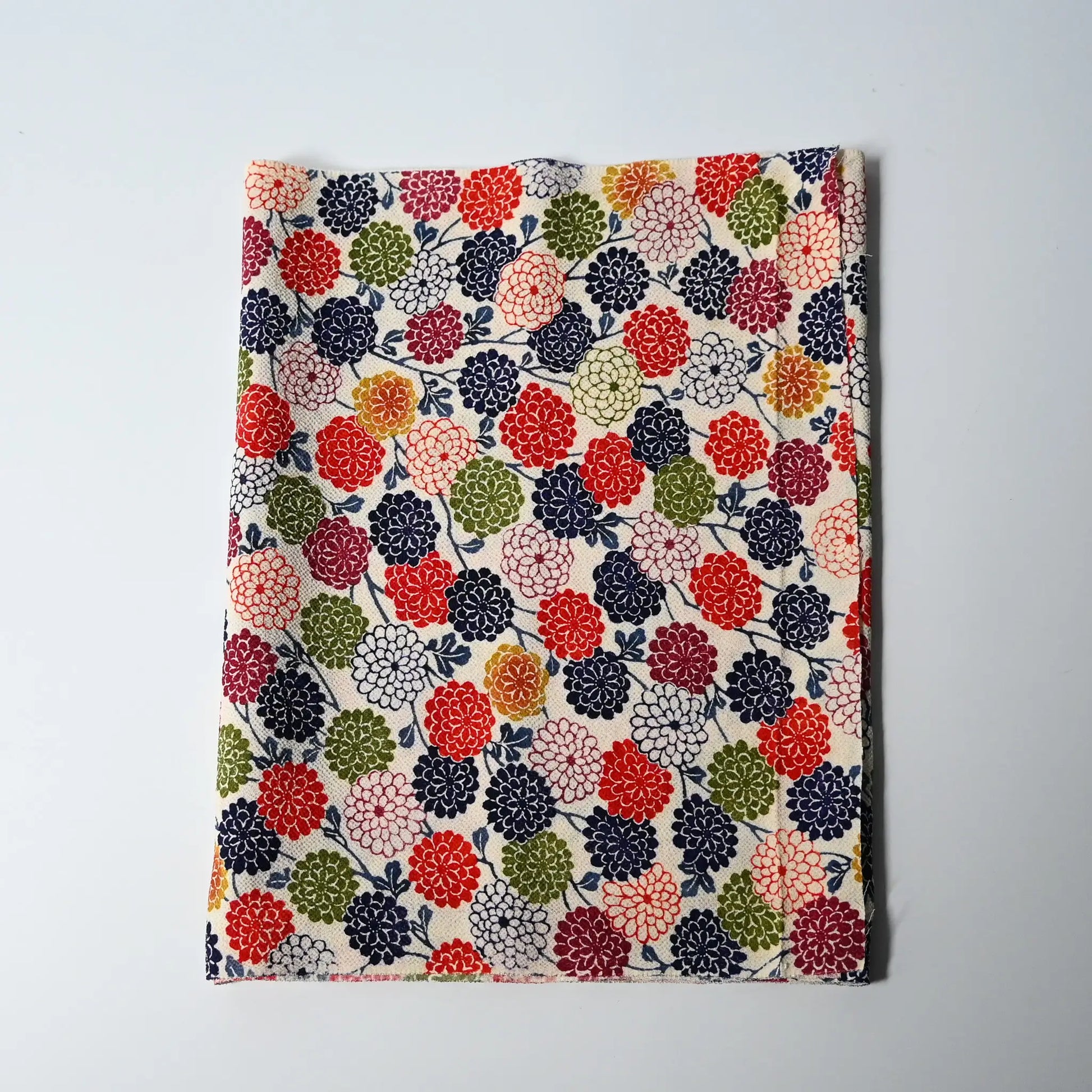 Vintage heavy silk crepe, Chirimen, kimono fabric piece with multicolour chrysanthemum motif.