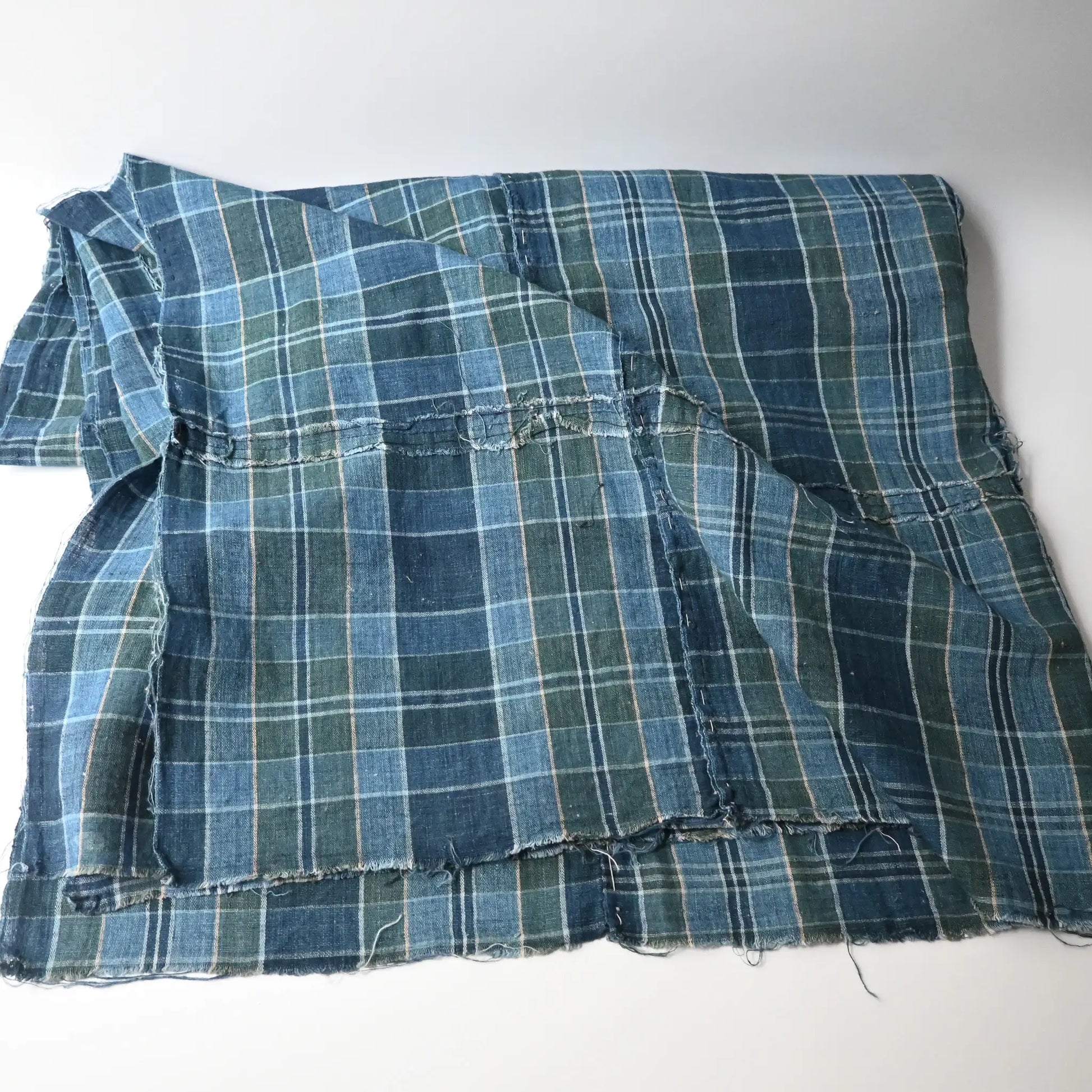 Vintage Japanese soft indigo and green tartan check cotton futon cover from the mid-20th century.
