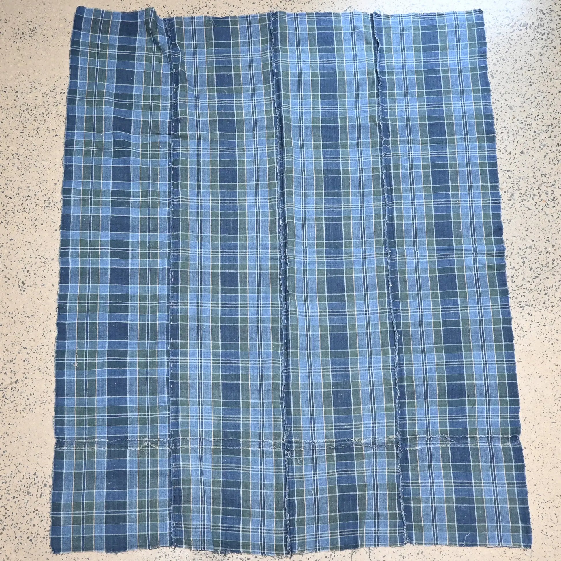 Full view of vintage Japanese soft indigo and green tartan check cotton futon cover from the mid-20th century.
