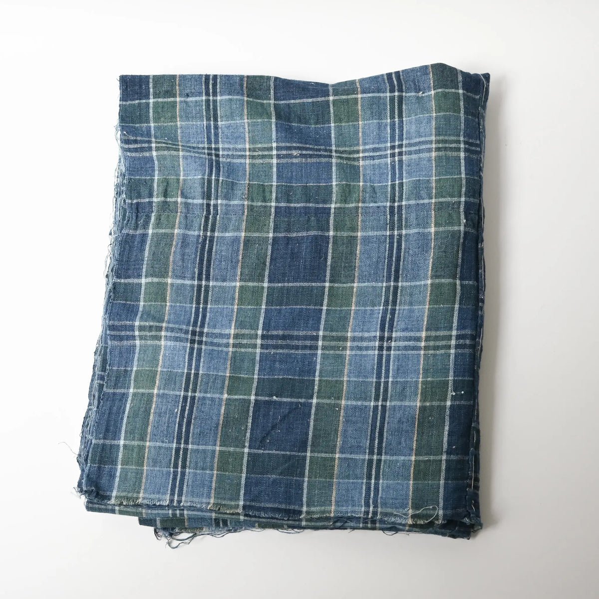 Vintage Japanese soft indigo and green tartan check cotton futon cover from the mid-20th century.