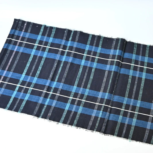 Vintage zanshi-ori cotton fabric from a futon cover, a classic check pattern in indigo, mint green , and soft pink tones.