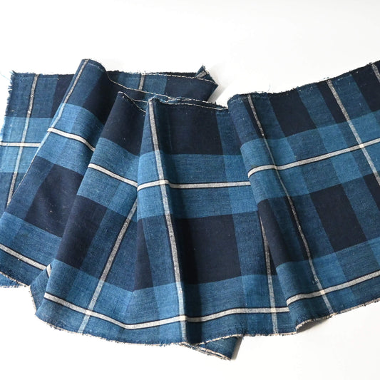 Full view of vintage Japanese indigo cotton futon cover panel with bold check pattern.