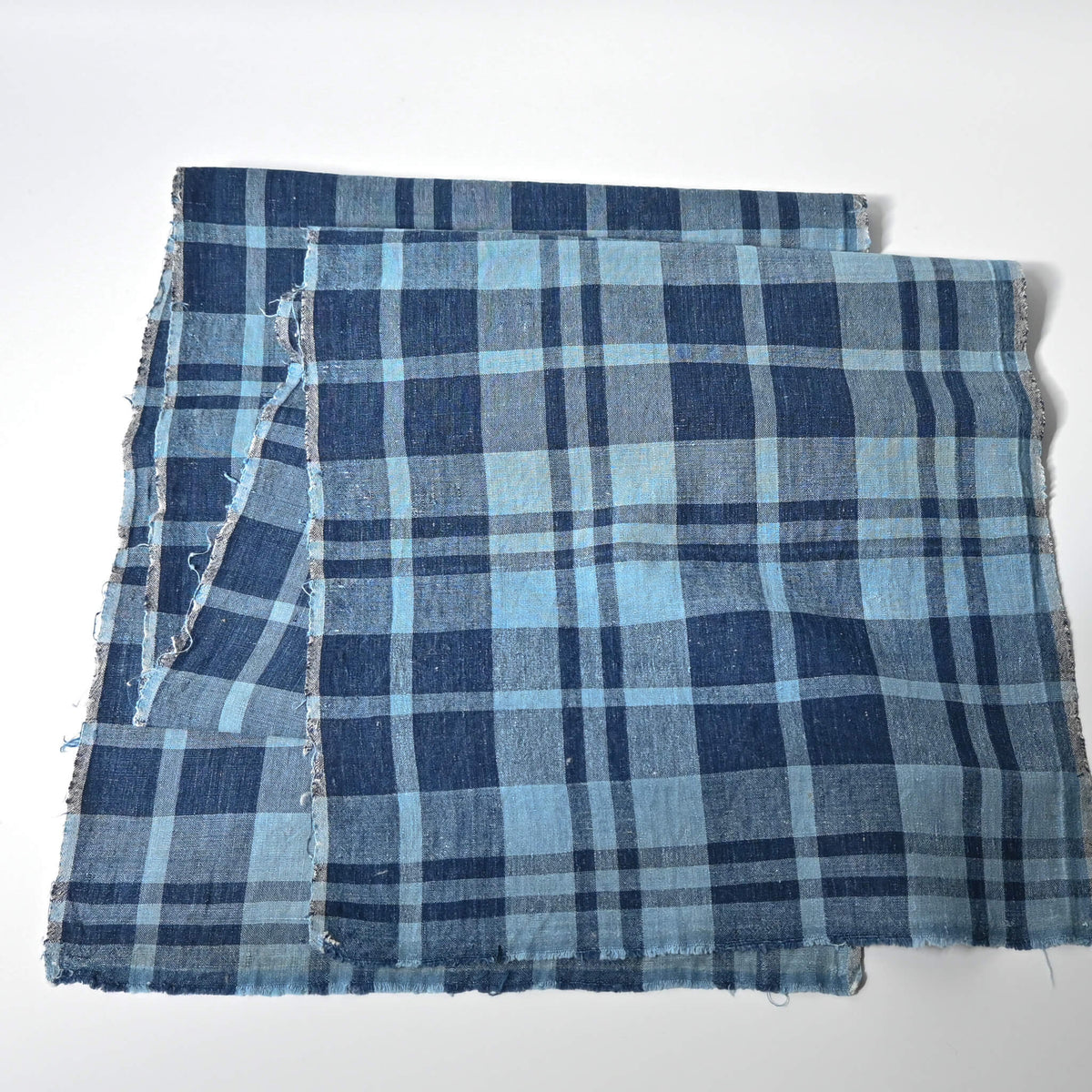 Full view of vintage Japanese indigo cotton piece from a futon cover with a large check woven pattern.