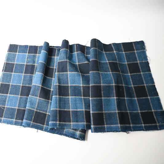 Full view of vintage indigo check cotton futon cover panel.