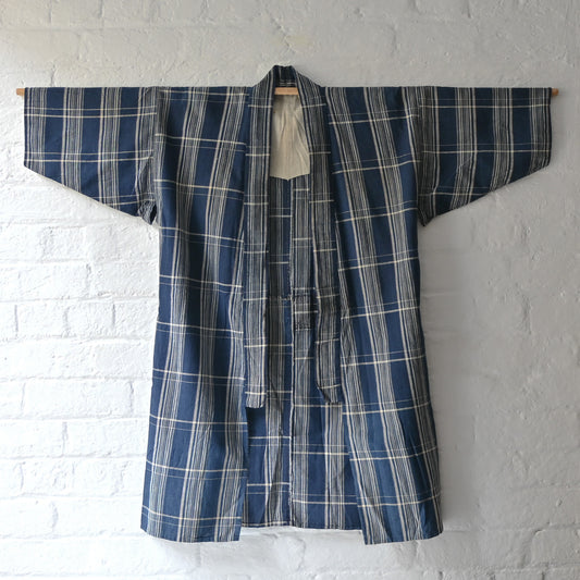 Vintage indigo check cotton Noragi, farmer's jacket from the mid-20th century.