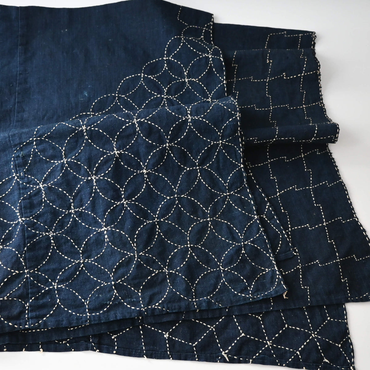 Detail of Vintage indigo cotton furoshiki with reinforced traditional Japanese sashiko stitch around the  corners.