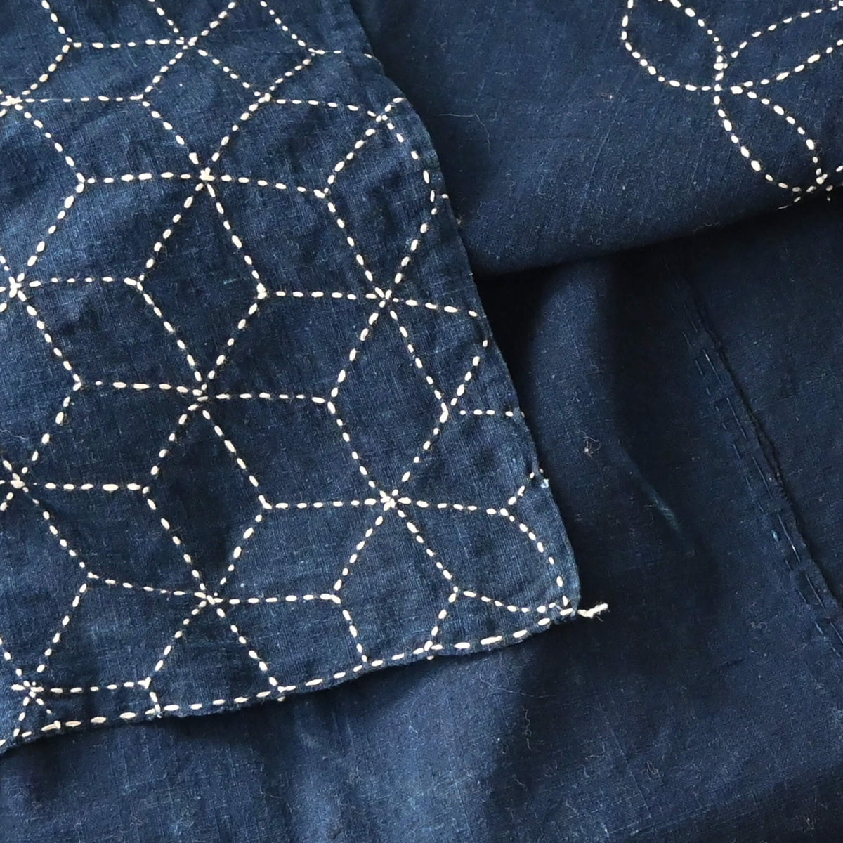 Detail of Vintage indigo cotton furoshiki with reinforced traditional Japanese sashiko stitch around the  corners.