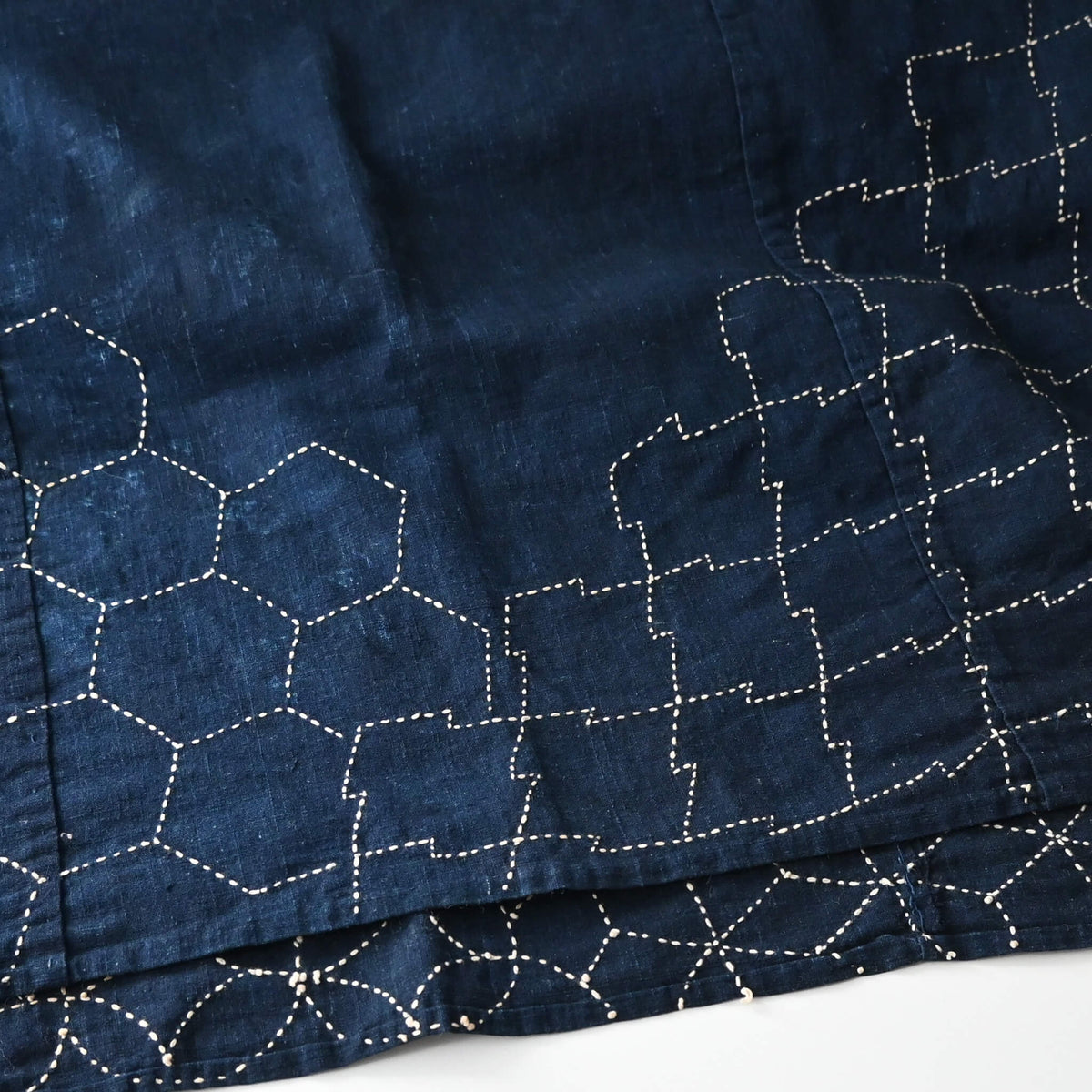 Detail of Vintage indigo cotton furoshiki with reinforced traditional Japanese sashiko stitch around the  corners.