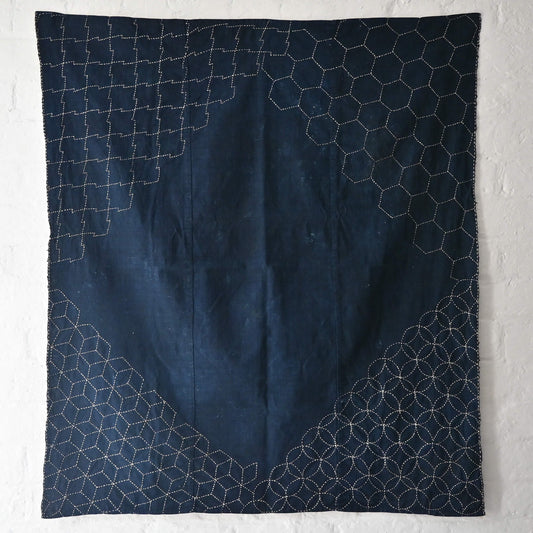 Full view of Vintage indigo cotton furoshiki with reinforced traditional Japanese sashiko stitch around the  corners.