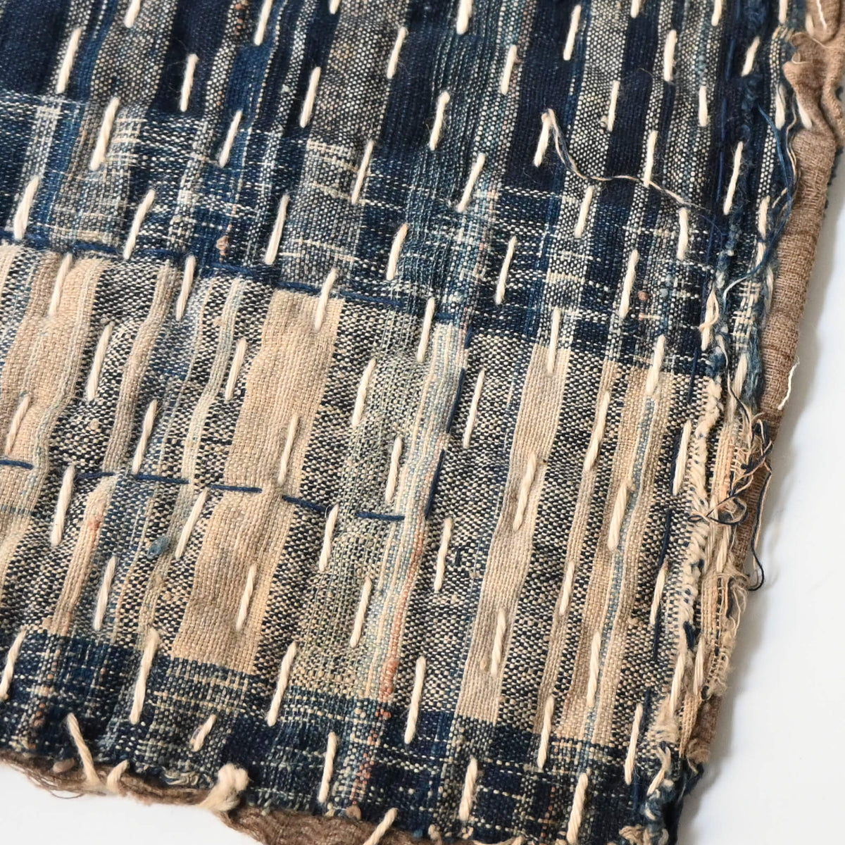 Detailed view of vintage Japanese zokin made from old recycled indigo cotton pieces with sashiko stitching.