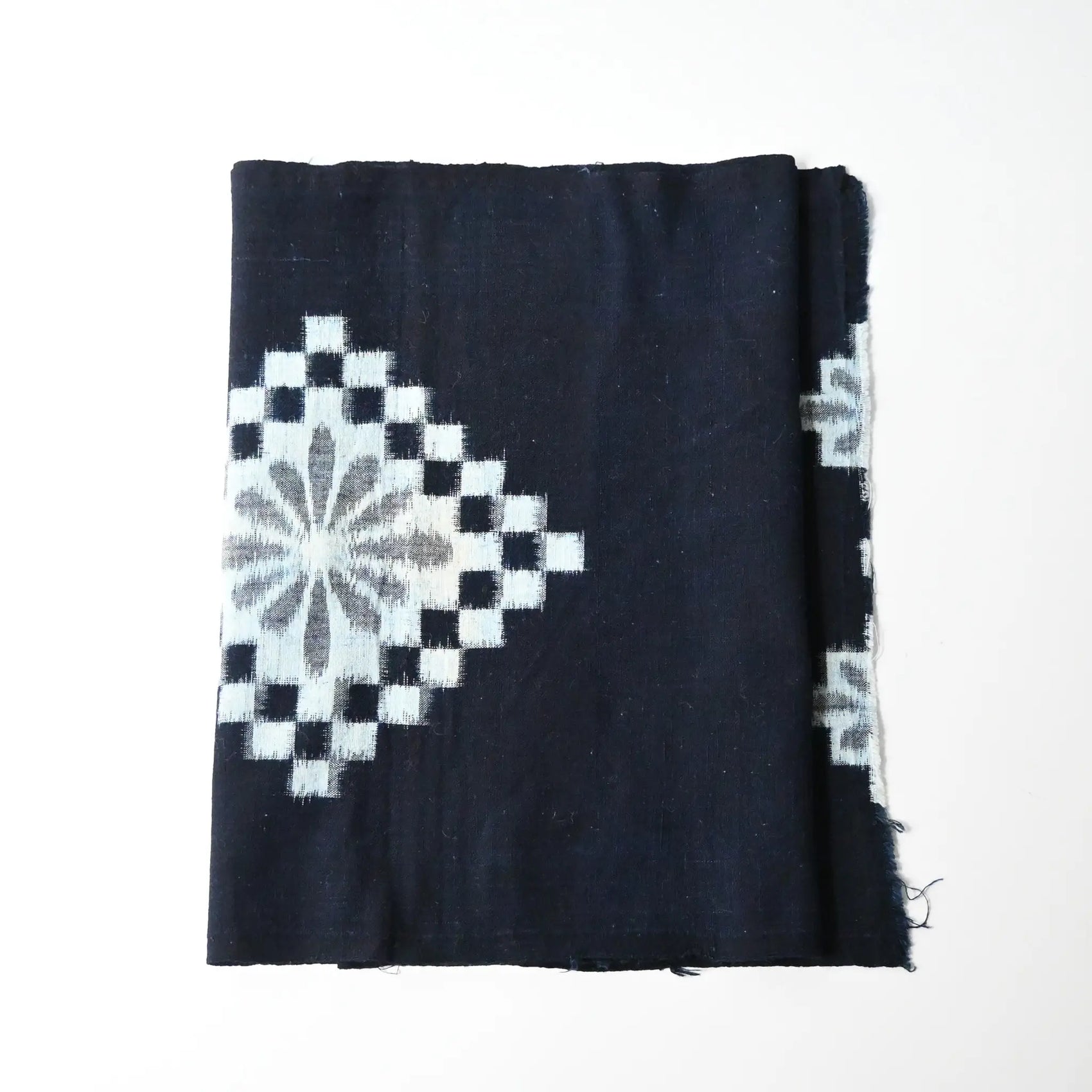 Vintage indigo Egasuri cotton piece with bold motif from the mid-20th Century.