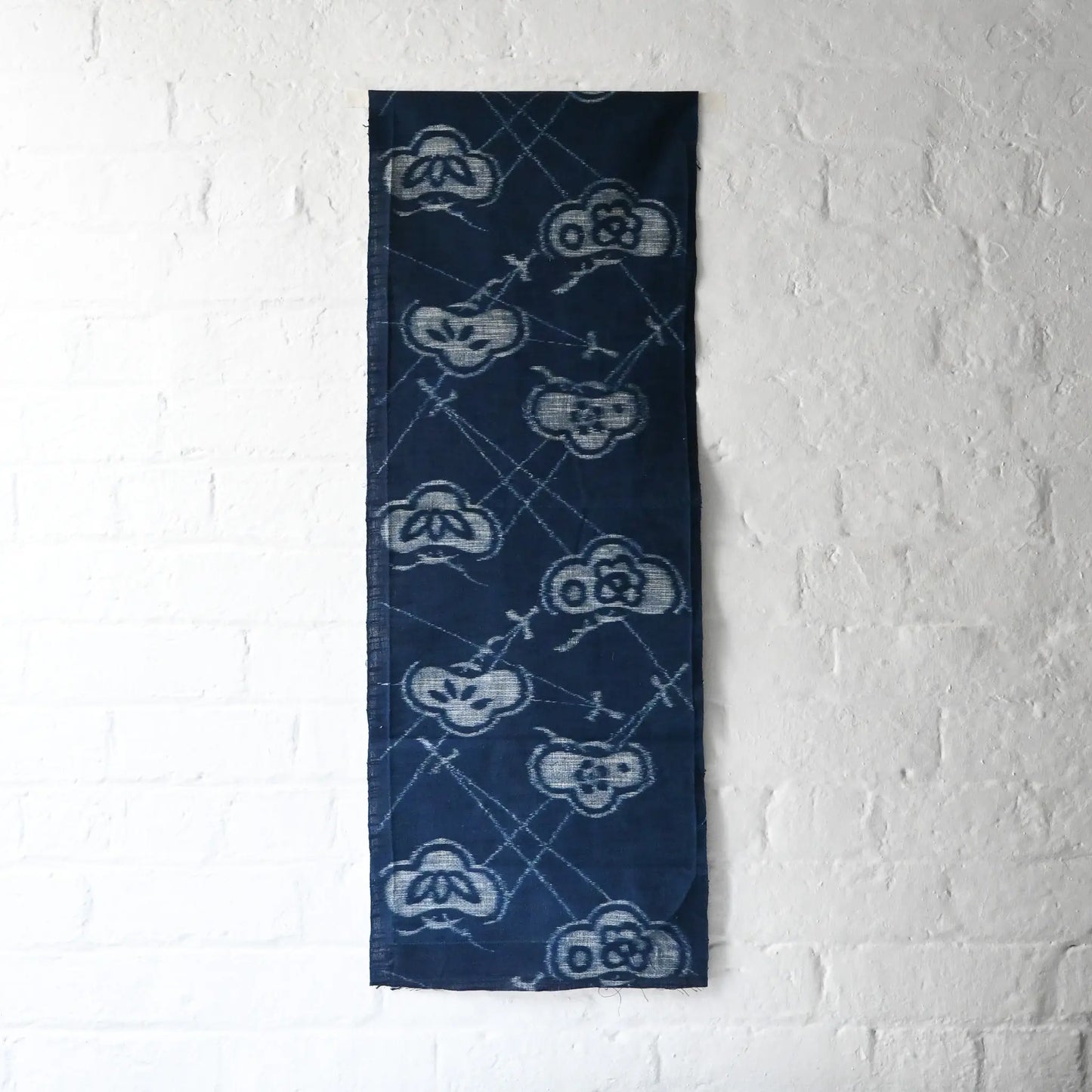 Vintage Japanese indigo egasuri cotton with bold  pine tree motif, great for hanging.