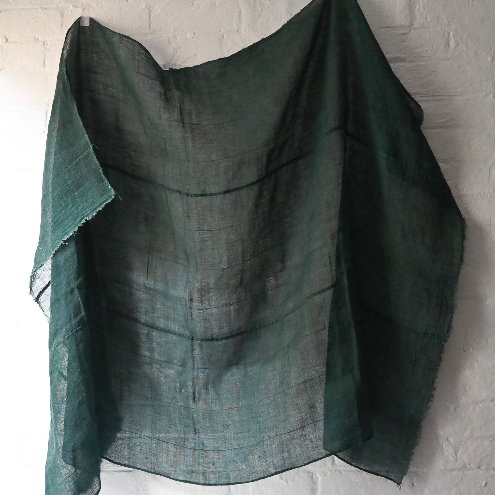 Vintage Japanese three-panel indigo green hemp piece, originally Kaya mosquito net.
