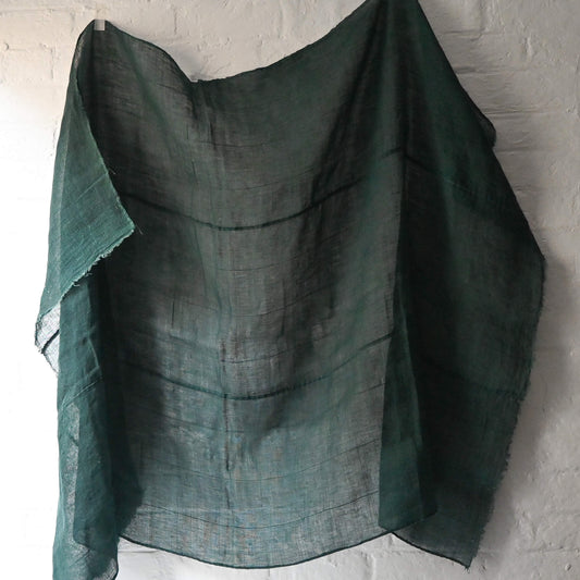 Vintage Japanese three-panel indigo green hemp piece, originally Kaya mosquito net.