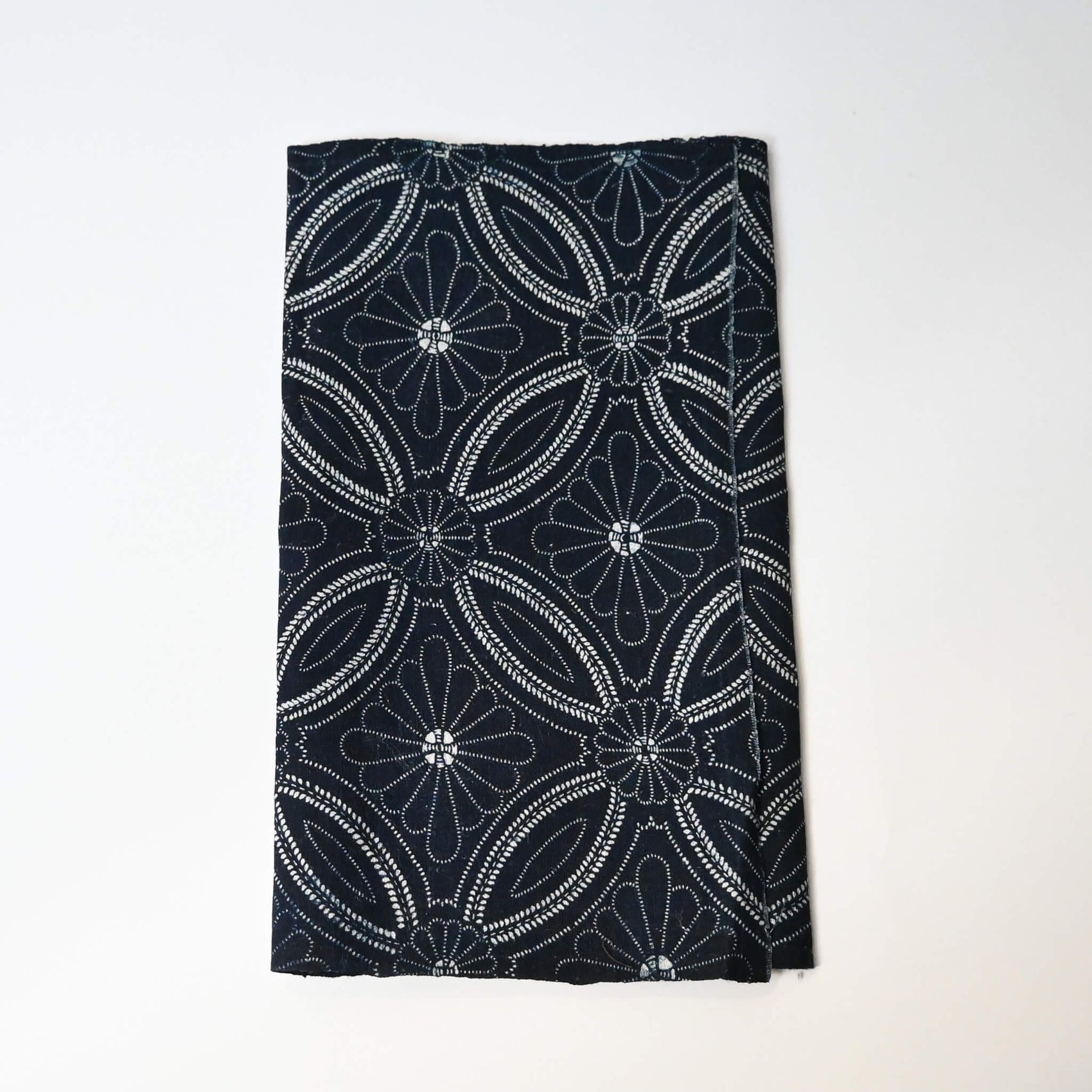 Vintage indigo katazome cotton piece with Shippo-tsunagi with stylised chrysanthemum motif.