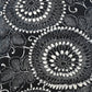 Close-up view of vintage indigo katazome stencil dyed cotton piece with a bold chrysanthemum design.