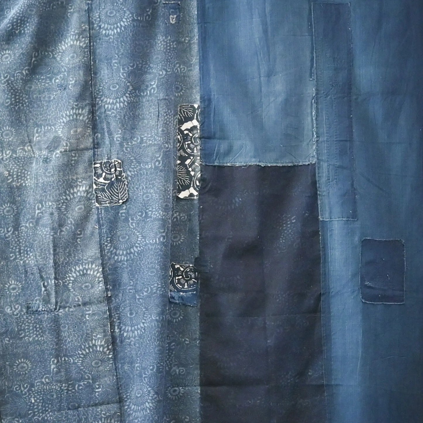 Detailed view of vintage Japanese indigo Katazome dyed and indigo plain cotton futon cover.