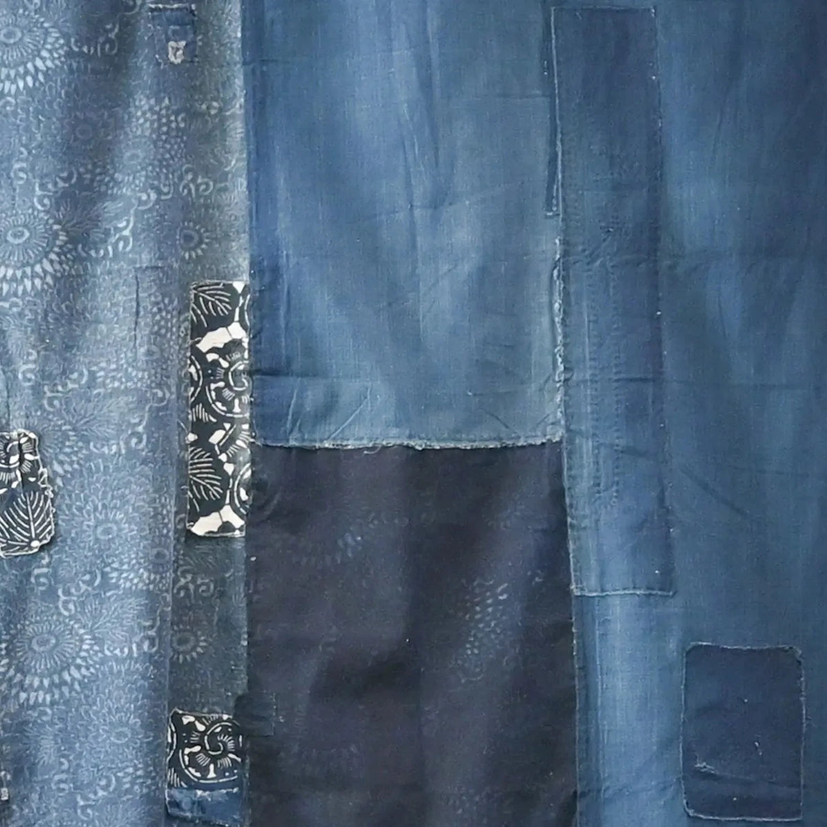 Detailed view of vintage Japanese indigo Katazome dyed and indigo plain cotton futon cover.
