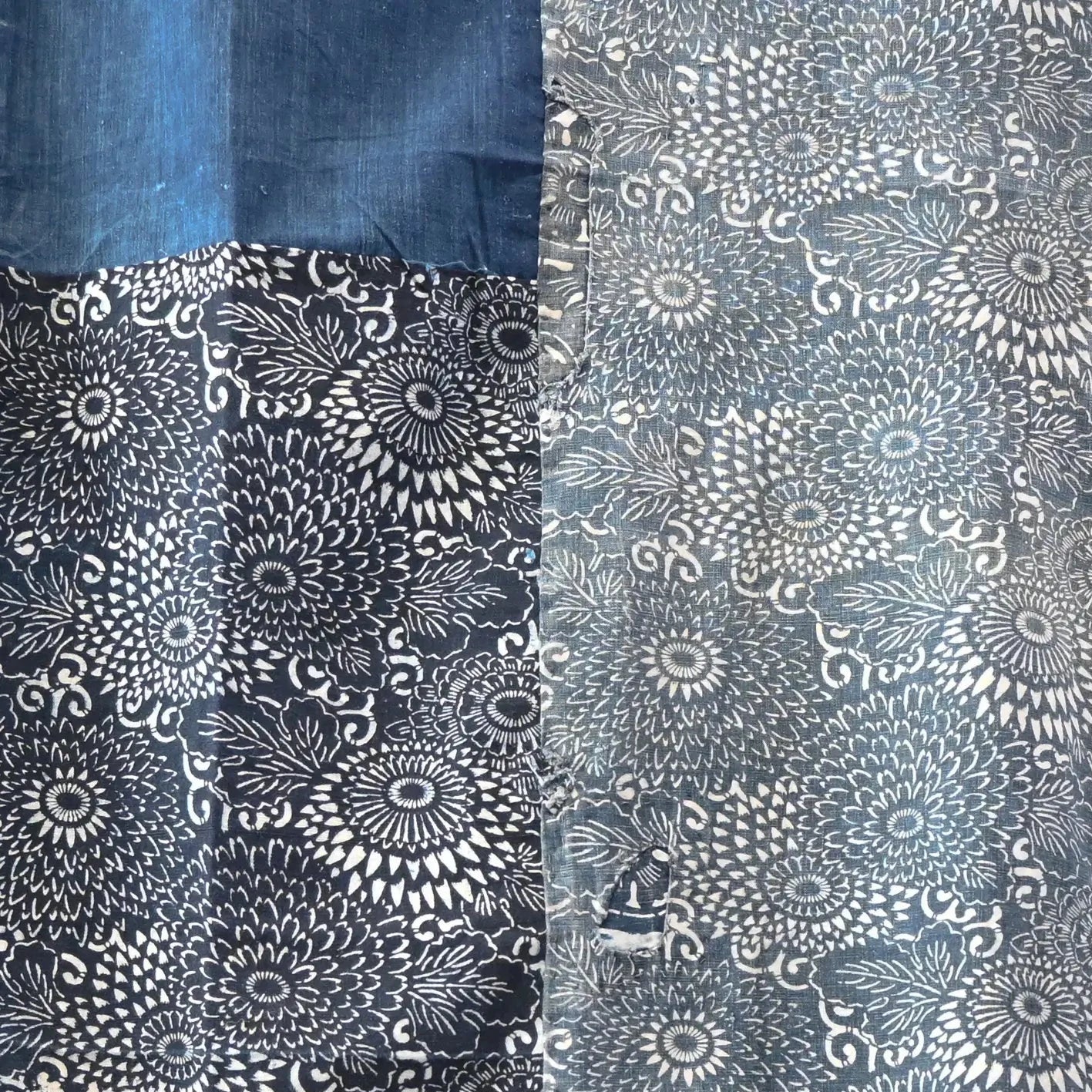 Detailed view of vintage Japanese indigo Katazome dyed and indigo plain cotton futon cover.