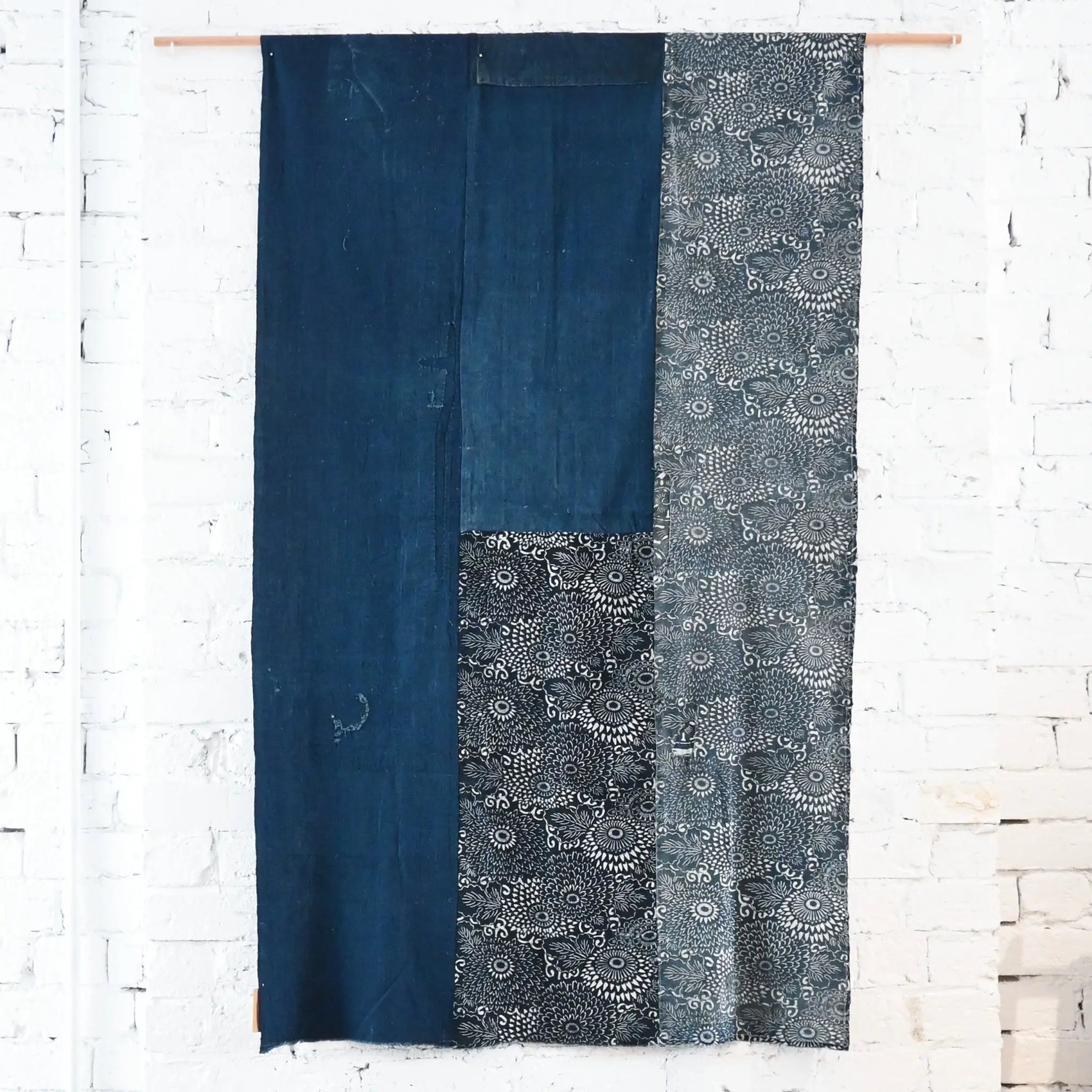 Vintage Japanese indigo Katazome dyed and indigo plain cotton futon cover with chrysanthemum motif.