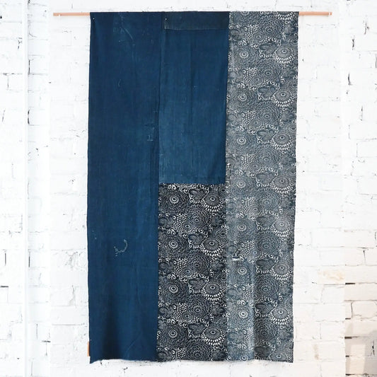 Vintage Japanese indigo Katazome dyed and indigo plain cotton futon cover with chrysanthemum motif.