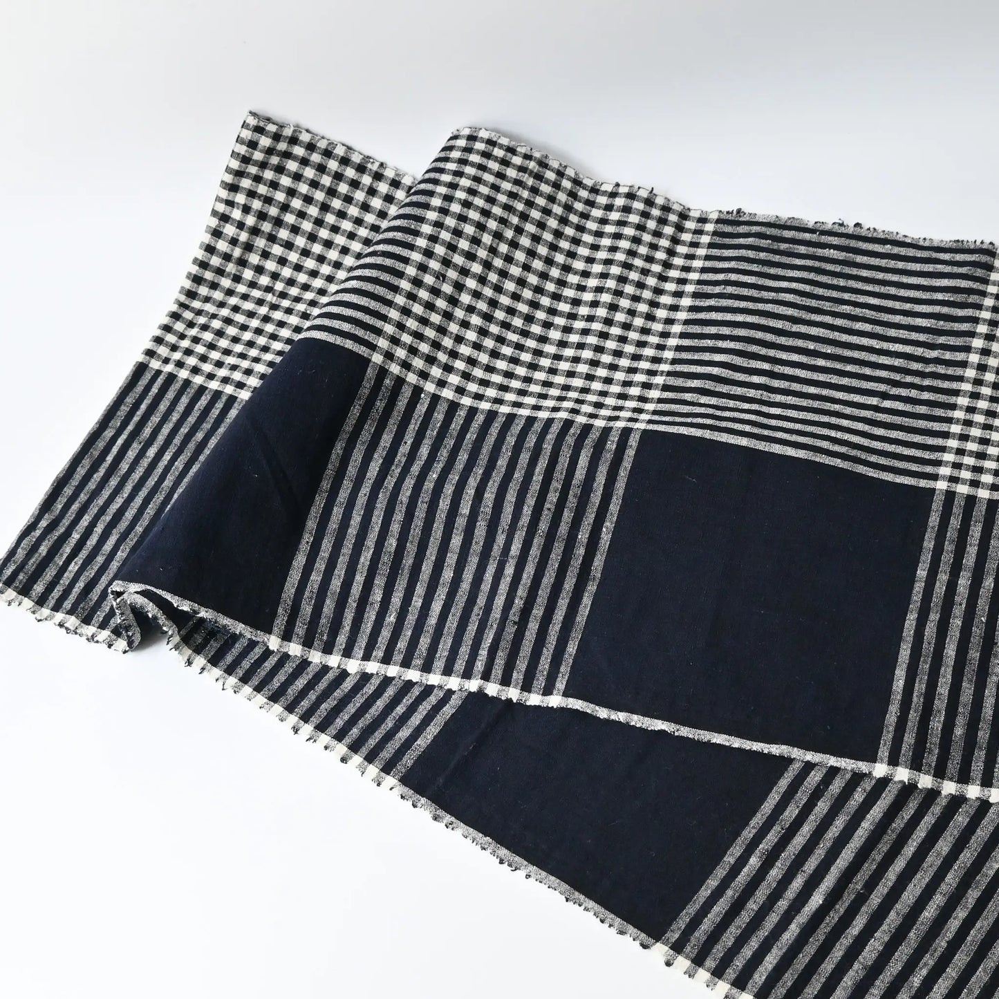 Vintage indigo striking check cotton futon cover panel from the mid-20th century.
