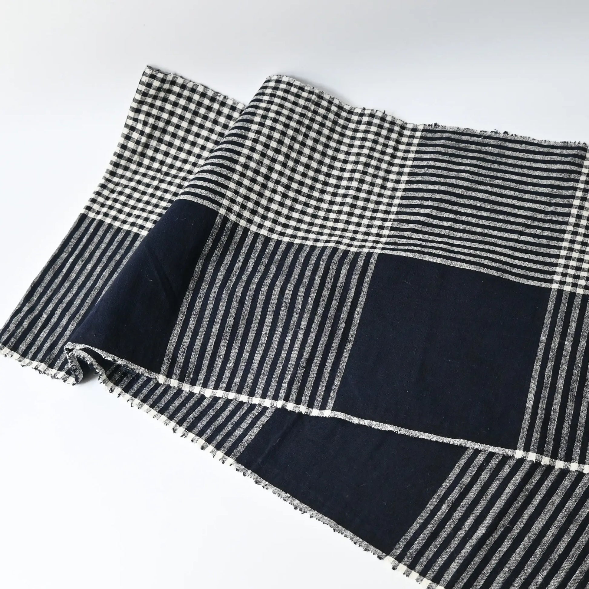 Vintage indigo striking check cotton futon cover panel from the mid-20th century.