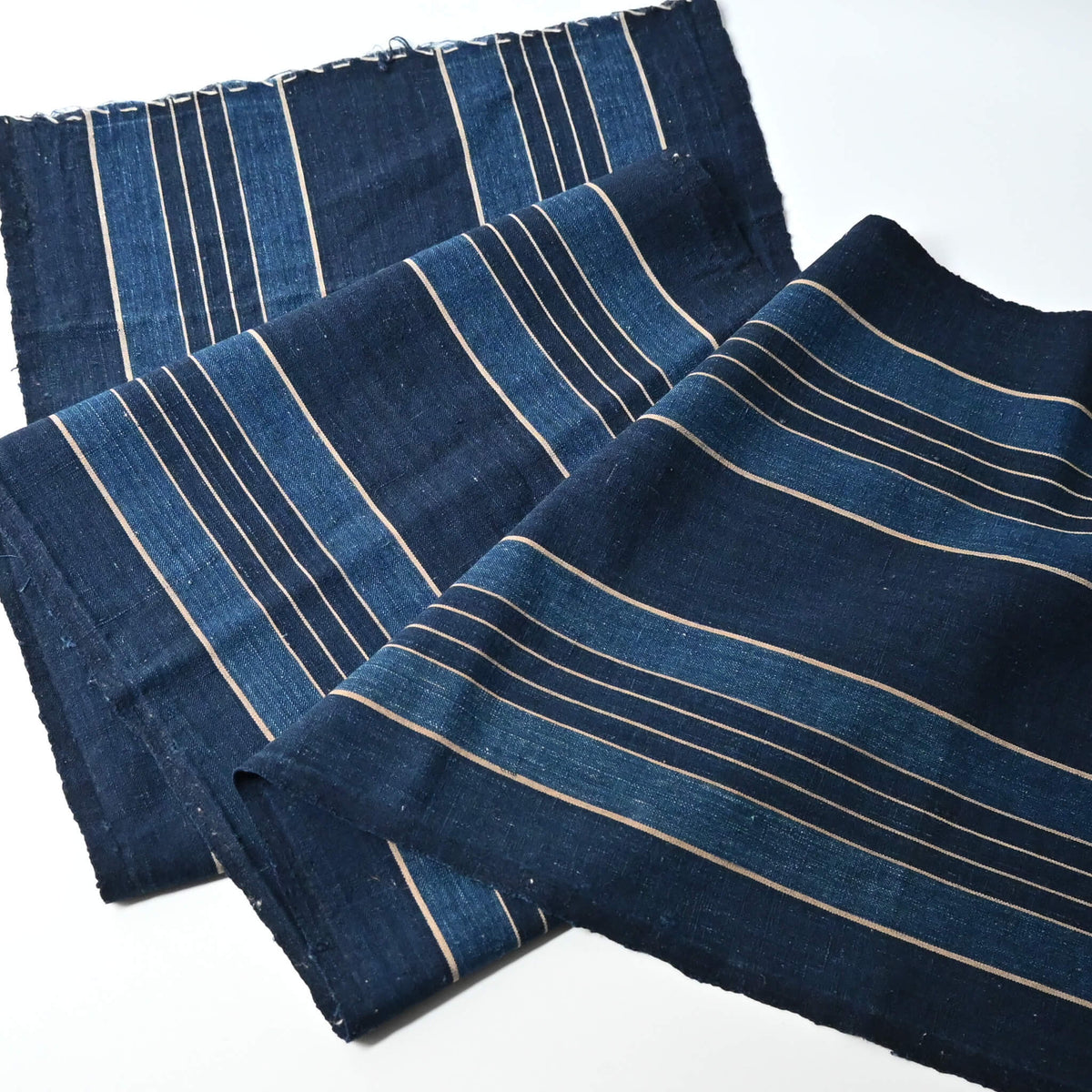 Full view of vintage Japanese indigo stripe cotton from futon cover.