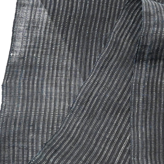 Close-up view of vintage indigo stripe hemp piece from undone kimono.