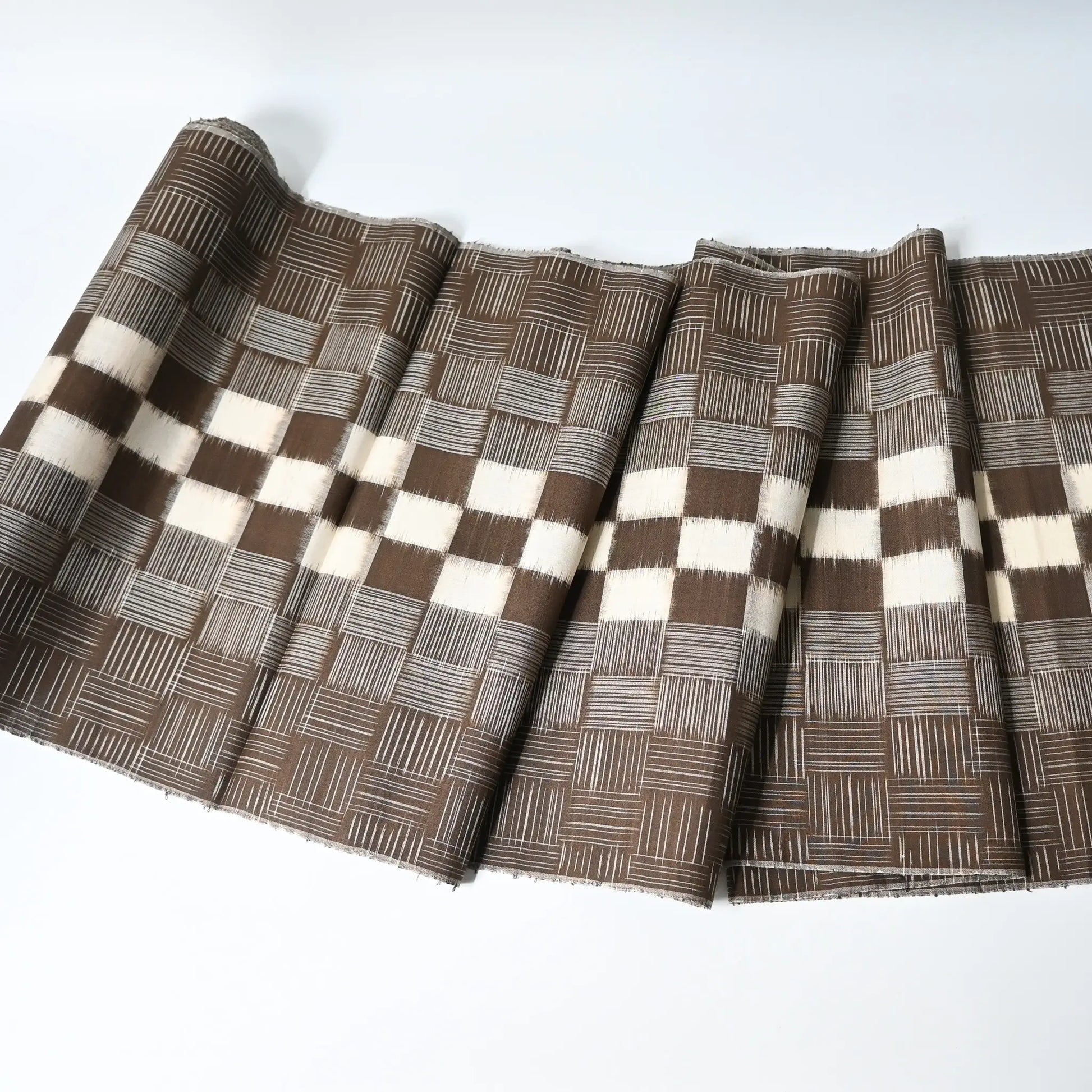 Full view of vintage Isesaki Meisen silk kimono fabric with woven bold check pattern, mid-20th century.