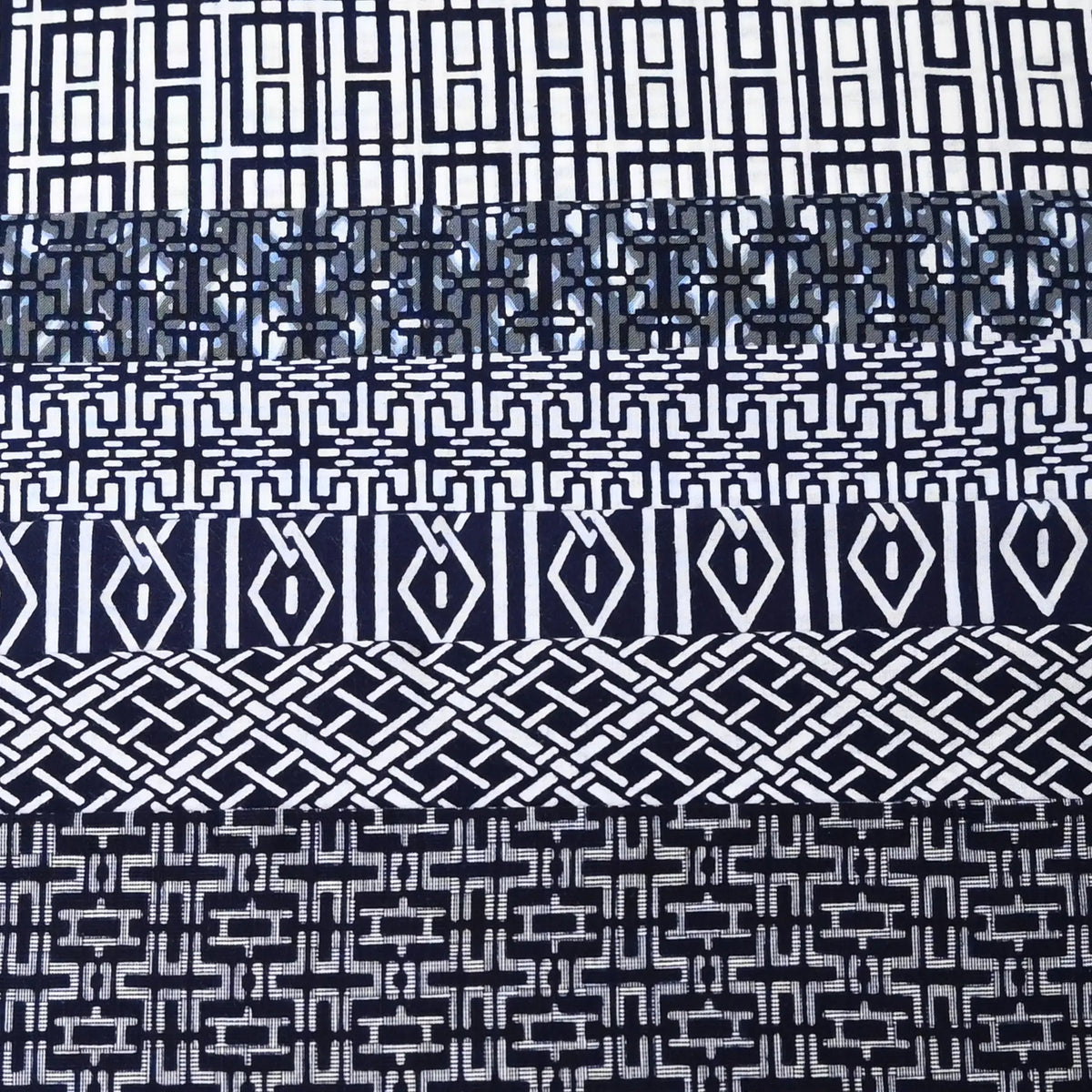 Set of 6 vintage Japanese men's geometric summer casual kimono 'yukata' cotton fabric pieces.