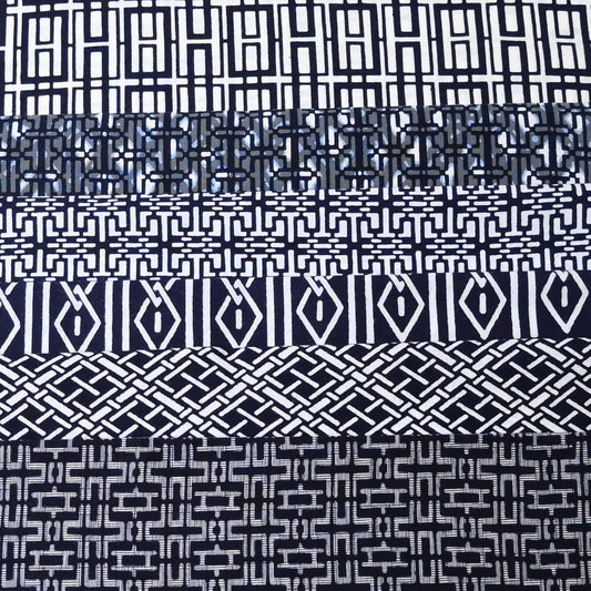Set of 6 vintage Japanese men's geometric summer casual kimono 'yukata' cotton fabric pieces.