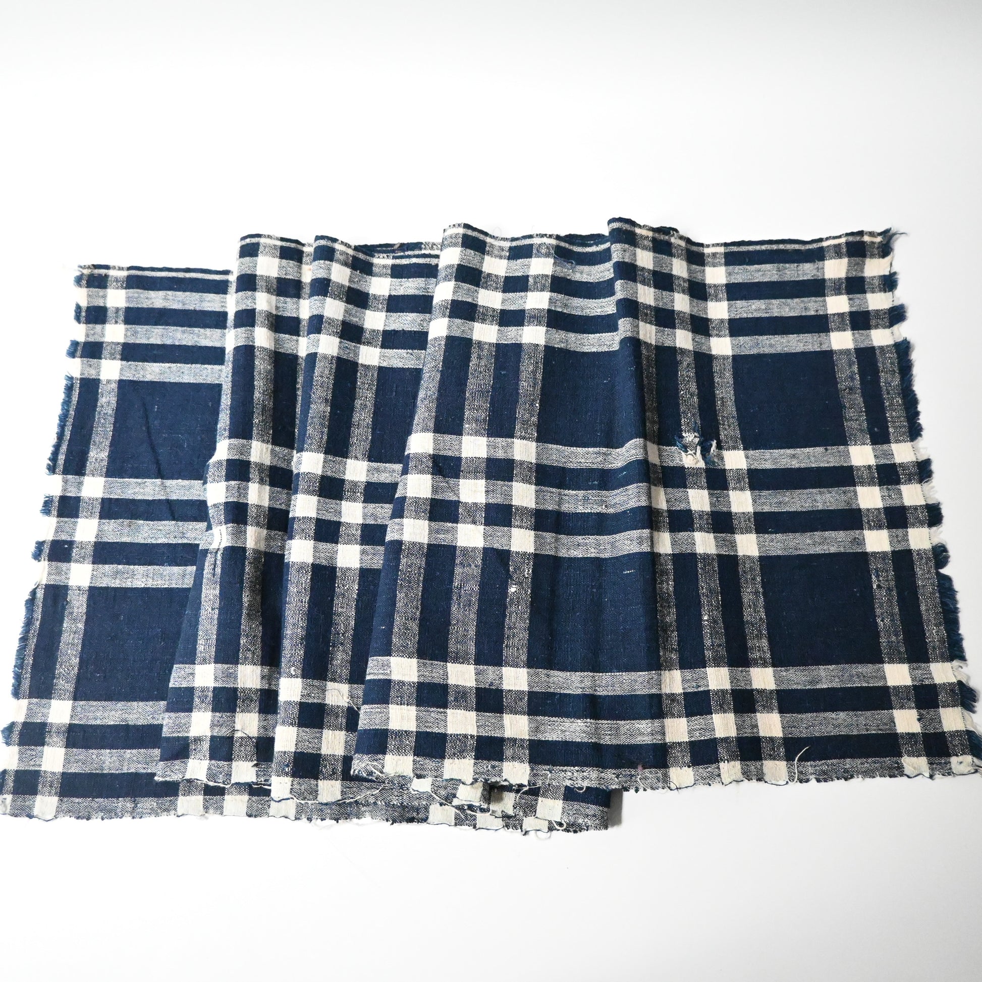 Full view of vintage Japanese hand loomed indigo check cotton futon cover panel.